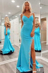 Blue Prom Dress Beaded V Neck Backless Mermaid Long Evening Dress With Split