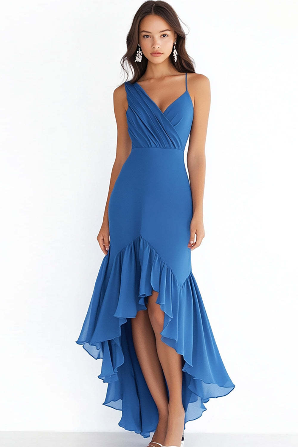 Blue Prom Dress Chiffon V Neck High-Low Sheath Formal Dress With Ruffles