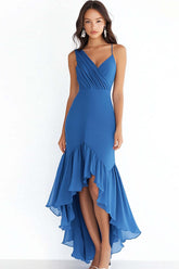 Blue Prom Dress Chiffon V Neck High-Low Sheath Formal Dress With Ruffles