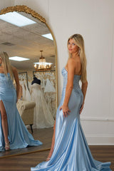 Blue Prom Dress Corset Strapless Long Evening Dress with Lace