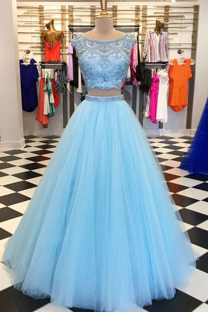 Blue Prom Dress Crew Neck Beaded Tulle Long Evening Dress