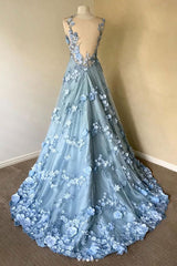 Blue Prom Dress Crew Neck Lace Long Formal Evening Dress