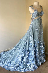 Blue Prom Dress Crew Neck Lace Long Formal Evening Dress