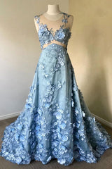 Blue Prom Dress Crew Neck Lace Long Formal Evening Dress