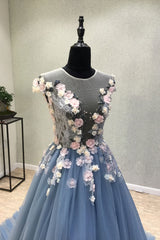 Blue Prom Dress Crew Neck Tulle Lace Appliques Long Formal Evening Dress