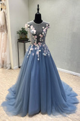 Blue Prom Dress Crew Neck Tulle Lace Appliques Long Formal Evening Dress
