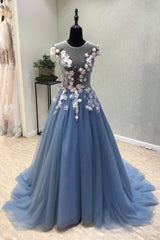 Blue Prom Dress Crew Neck Tulle Lace Appliques Long Formal Evening Dress