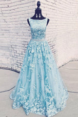 Blue Prom Dress Crew Neck Tulle Lace Long Evening Dress