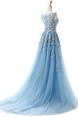 Blue Prom Dress Crew Neck Tulle Lace Long Formal Evening Dress
