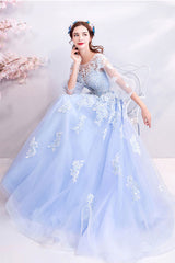 Blue Prom Dress Crew Neck Tulle Lace Long Formal Evening Dress