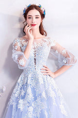 Blue Prom Dress Crew Neck Tulle Lace Long Formal Evening Dress