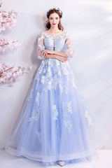 Blue Prom Dress Crew Neck Tulle Lace Long Formal Evening Dress