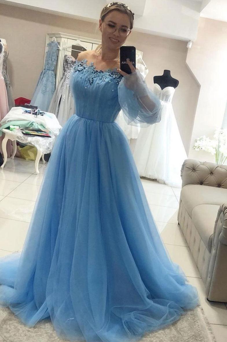 Blue Prom Dress Crew Neck Tulle Lace Long Formal Evening Dress