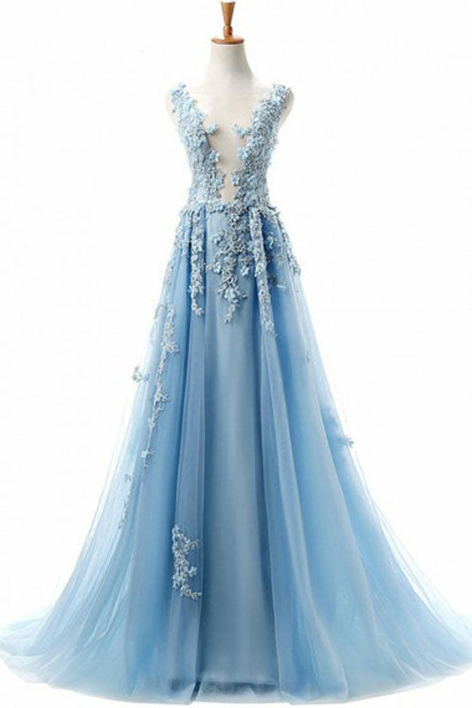 Blue Prom Dress Crew Neck Tulle Lace Long Formal Evening Dress