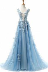 Blue Prom Dress Crew Neck Tulle Lace Long Formal Evening Dress