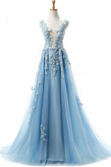 Blue Prom Dress Crew Neck Tulle Lace Long Formal Evening Dress