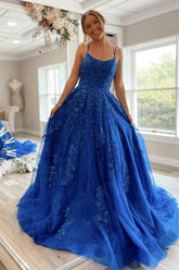 Blue Prom Dress Crew Neck Tulle Lace Long Formal Gown Evening Dress