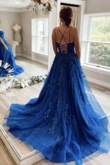 Blue Prom Dress Crew Neck Tulle Lace Long Formal Gown Evening Dress