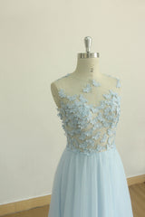 Blue Prom Dress Crew Neck Tulle Long Formal Gown Evening Dress