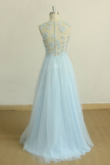 Blue Prom Dress Crew Neck Tulle Long Formal Gown Evening Dress
