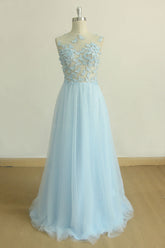 Blue Prom Dress Crew Neck Tulle Long Formal Gown Evening Dress