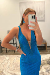 Blue Prom Dress Deep V-neck Mermaid Evening Dress with Beading