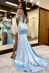 Blue Prom Dress Glitter Feather V Neck Long Evening Dress With Split