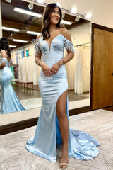 Blue Prom Dress Glitter Feather V Neck Long Evening Dress With Split