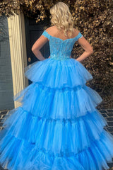 Blue Prom Dress High Low Beaded Tulle Corset Tiered Evening Dress