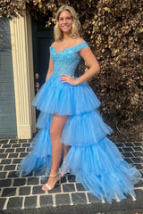 Blue Prom Dress High Low Beaded Tulle Corset Tiered Evening Dress