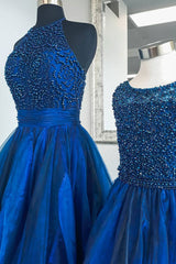 Blue Prom Dress High Neck Tulle Beaded Long Evening Dress