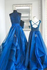 Blue Prom Dress High Neck Tulle Beaded Long Evening Dress