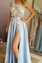 Blue Prom Dress Lace Satin Long Evening Dress