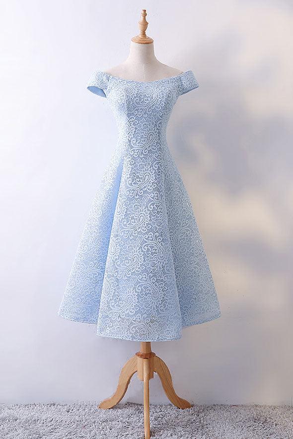 Blue Prom Dress Lace Tea Length Formal Gown Evening Dress