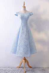Blue Prom Dress Lace Tea Length Formal Gown Evening Dress
