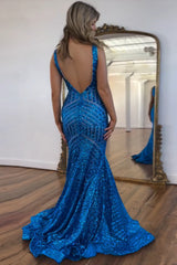 Blue Prom Dress Mermaid Deep V Neck Long Evening Dress with Sequined