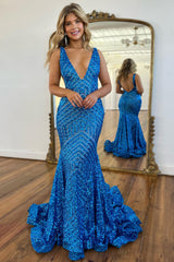 Blue Prom Dress Mermaid Deep V Neck Long Evening Dress with Sequined
