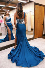 Blue Prom Dress Mermaid One Shoulder Long with Delicate Beaded Evening Dress
