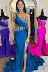 Blue Prom Dress Mermaid One Shoulder Long with Delicate Beaded Evening Dress