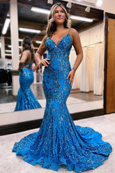 Blue Prom Dress Mermaid Sequined Long Backless Evening Dress