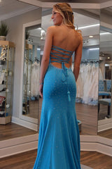 Blue Prom Dress Mermaid Sweetheart Beaded Long Evening Dress with Slit