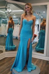 Blue Prom Dress Mermaid Sweetheart Beaded Long Evening Dress with Slit