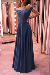 Blue Prom Dress Off the Shoulder Chiffon Lace Long Formal Evening Dress
