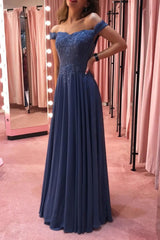 Blue Prom Dress Off the Shoulder Chiffon Lace Long Formal Evening Dress