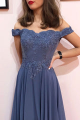 Blue Prom Dress Off the Shoulder Chiffon Lace Long Formal Evening Dress