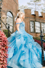Blue Prom Dress Off the Shoulder Ruffle Tiered Tulle Long Evening Dress with Appliques