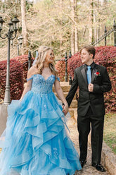Blue Prom Dress Off the Shoulder Ruffle Tiered Tulle Long Evening Dress with Appliques