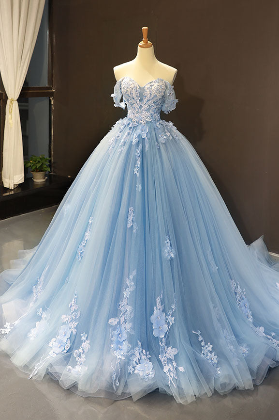 Blue Prom Dress Off the Shoulder Tulle Lace Long Evening Dress
