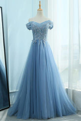 Blue Prom Dress Off the Shoulder Tulle Lace Long Evening Dress