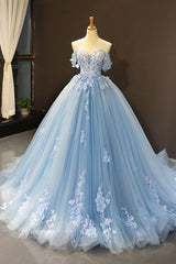 Blue Prom Dress Off the Shoulder Tulle Lace Long Evening Dress